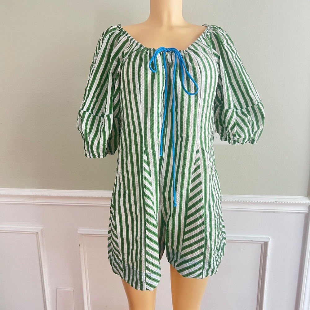 Striped Romper Womens‎ Medium Puff Sleeve Green Seersucker Beach Cottage Fairy